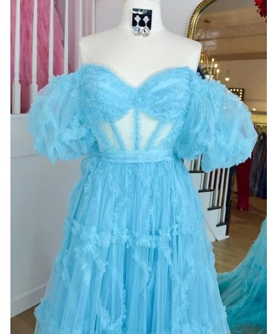 Off Shoulder Prom Dresse Long Ball Gown with Puffy Sleeves for Teens Girls Tulle Ruched Fromal Evening Gowns Emerald Green $3...