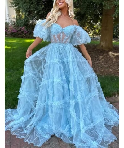 Off Shoulder Prom Dresse Long Ball Gown with Puffy Sleeves for Teens Girls Tulle Ruched Fromal Evening Gowns Emerald Green $3...