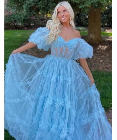 Off Shoulder Prom Dresse Long Ball Gown with Puffy Sleeves for Teens Girls Tulle Ruched Fromal Evening Gowns Emerald Green $3...