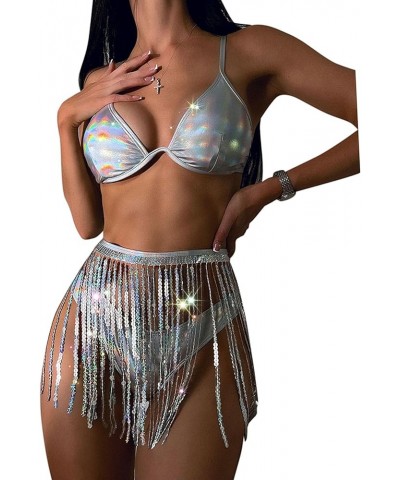 Women Sparkle Glitter Swimwear Sequin Bikini Shiny String Bra Sexy Swimsuit Beach Wear Silver With Tie Side Tassel $19.03 Swi...