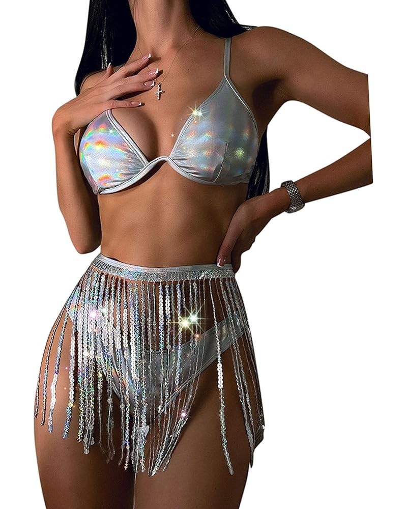 Women Sparkle Glitter Swimwear Sequin Bikini Shiny String Bra Sexy Swimsuit Beach Wear Silver With Tie Side Tassel $19.03 Swi...