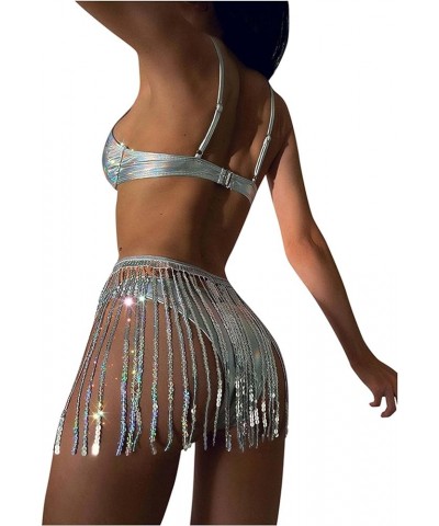 Women Sparkle Glitter Swimwear Sequin Bikini Shiny String Bra Sexy Swimsuit Beach Wear Silver With Tie Side Tassel $19.03 Swi...