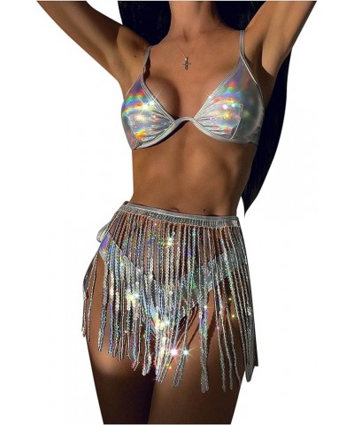 Women Sparkle Glitter Swimwear Sequin Bikini Shiny String Bra Sexy Swimsuit Beach Wear Silver With Tie Side Tassel $19.03 Swi...