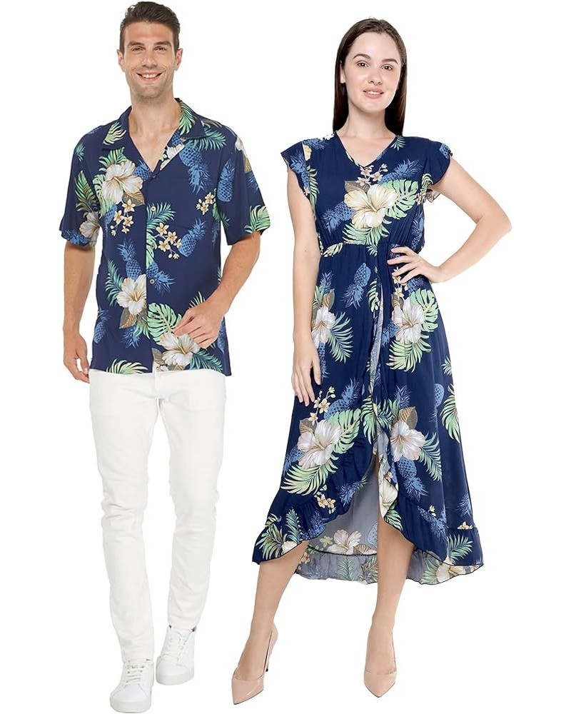 Matchable Couple Hawaiian Luau Shirt or Wrap Ruffle Dress in Pineapple Garden Black Men Men Pineapple Garden Navy $19.80 Shirts