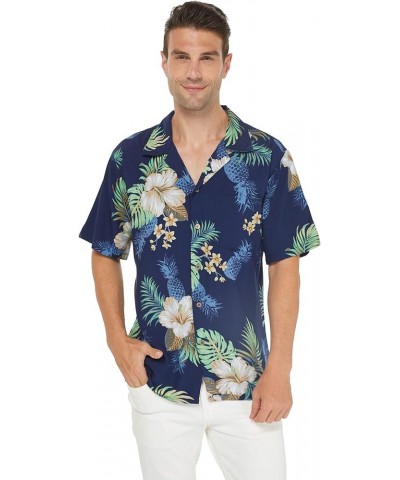 Matchable Couple Hawaiian Luau Shirt or Wrap Ruffle Dress in Pineapple Garden Black Men Men Pineapple Garden Navy $19.80 Shirts