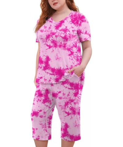 Women's Plus Size 2 Piece Pajama Sets Loungewear Sleepwear Ladies Pjs Sets L-5XL with Pockets Rose Red Tie-dye $17.00 Lingerie