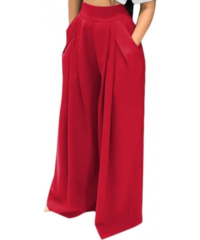 Womens Palazzo Long Pants High Waist Wide Leg Stretchy Loose Fit Casual Trousers with Pocket 1r Red $18.19 Pants