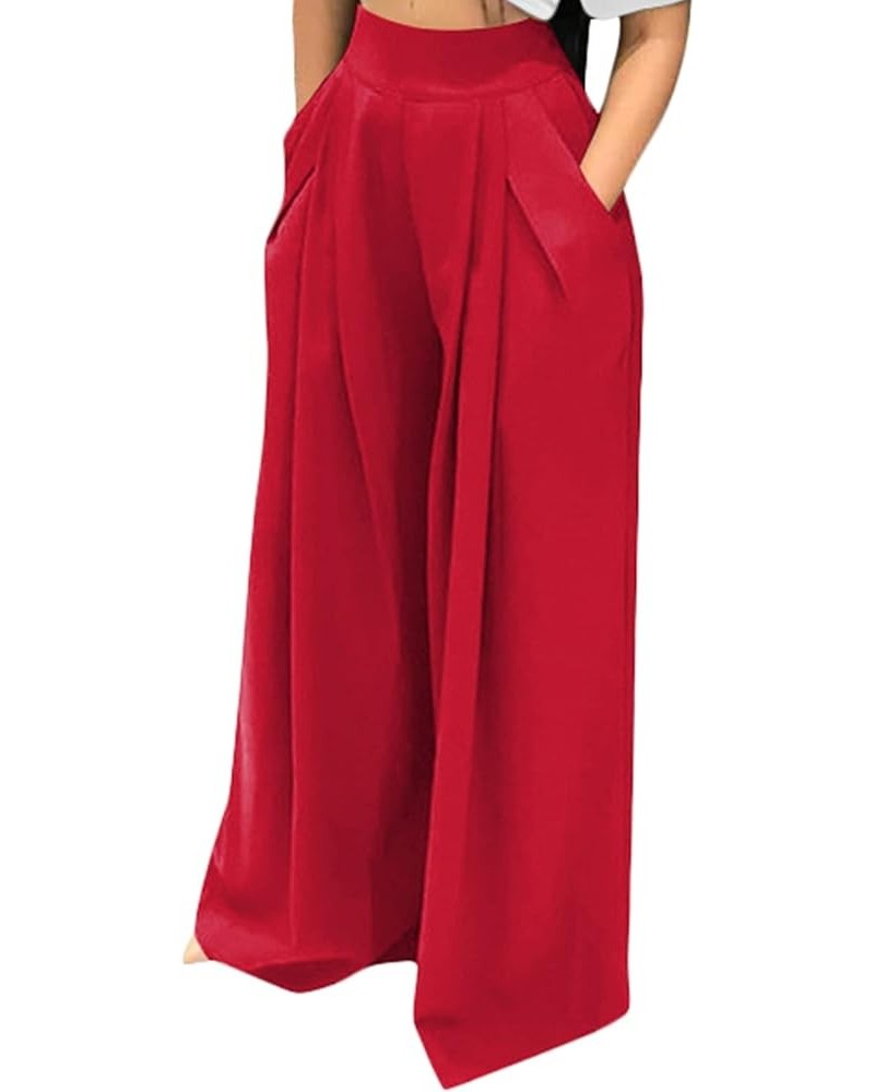 Womens Palazzo Long Pants High Waist Wide Leg Stretchy Loose Fit Casual Trousers with Pocket 1r Red $18.19 Pants