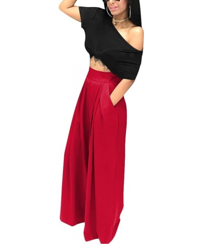 Womens Palazzo Long Pants High Waist Wide Leg Stretchy Loose Fit Casual Trousers with Pocket 1r Red $18.19 Pants