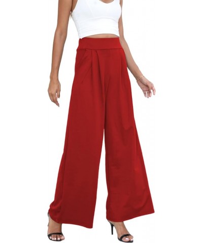 Womens Palazzo Long Pants High Waist Wide Leg Stretchy Loose Fit Casual Trousers with Pocket 1r Red $18.19 Pants