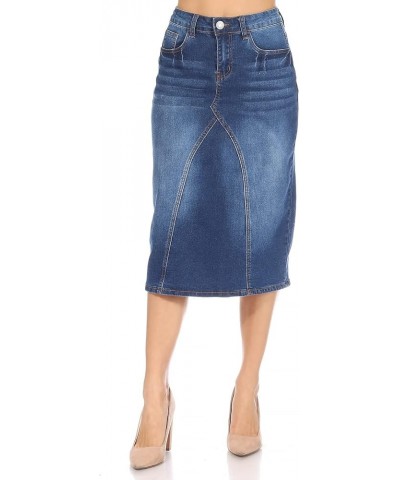 Womens Plus/Juniors Mid Waist Below Knee Length Denim Skirt in Pencil Silhouette Indigo (78003) $16.80 Skirts