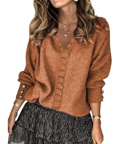 Women Lace V Neck Knitted Pullover Lightweight Knit Sweaters Casual Tops Brown $14.57 Sweaters