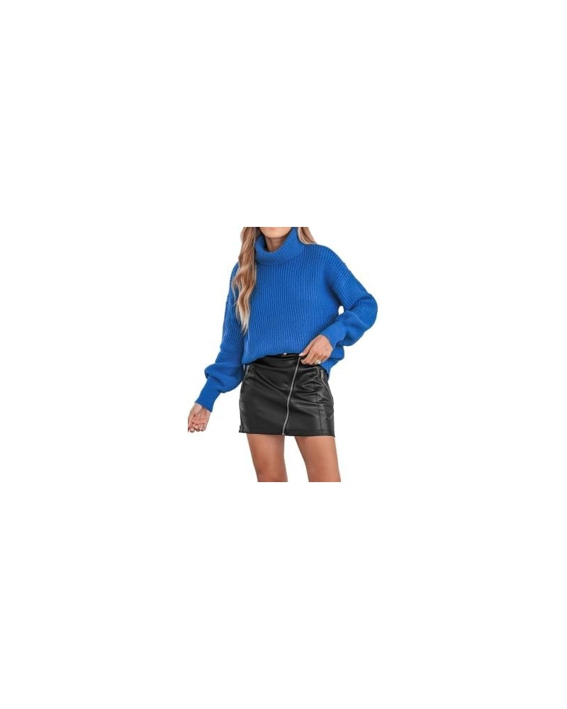 Women's High Neck Long Sleeve Casual Warm Sweater Knit Solid Tops Pullover Blue Sweater Royal Blue $17.81 Sweaters