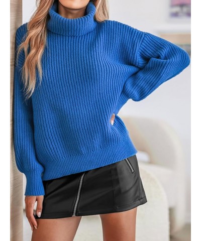 Women's High Neck Long Sleeve Casual Warm Sweater Knit Solid Tops Pullover Blue Sweater Royal Blue $17.81 Sweaters