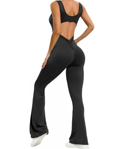 Women One Piece Flare Jumpsuits Sexy Backless Tank Tops Bodycon Scrunch Butt Workout Yoga Rompers V Back Playsuit Black $16.0...