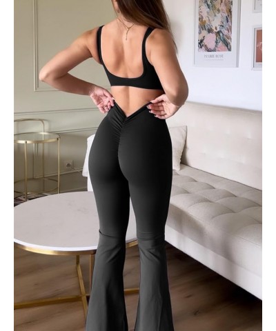 Women One Piece Flare Jumpsuits Sexy Backless Tank Tops Bodycon Scrunch Butt Workout Yoga Rompers V Back Playsuit Black $16.0...