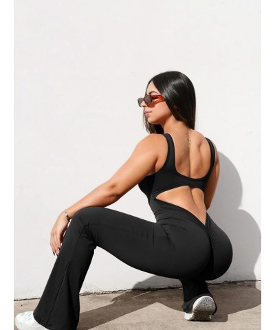 Women One Piece Flare Jumpsuits Sexy Backless Tank Tops Bodycon Scrunch Butt Workout Yoga Rompers V Back Playsuit Black $16.0...