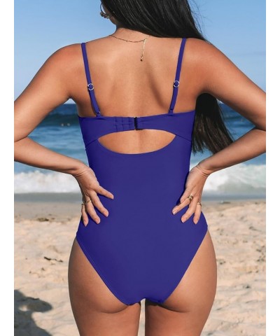 One Piece Swimsuit for Women Bathing Suits Twist Front Cutout Adjustable Straps Ruched Swimwear Cobalt Blue $20.39 Swimsuits