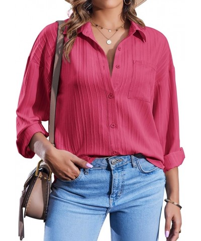 Womens Plus Size Button Down Shirt Striped Collared Shirt Long Sleeve Shirt Button Front Shirt Work Blouse Tops Rose Red $15....