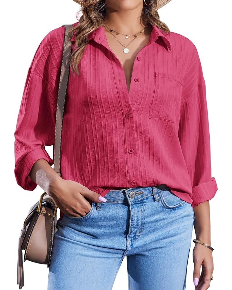 Womens Plus Size Button Down Shirt Striped Collared Shirt Long Sleeve Shirt Button Front Shirt Work Blouse Tops Rose Red $15....