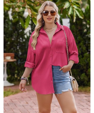 Womens Plus Size Button Down Shirt Striped Collared Shirt Long Sleeve Shirt Button Front Shirt Work Blouse Tops Rose Red $15....