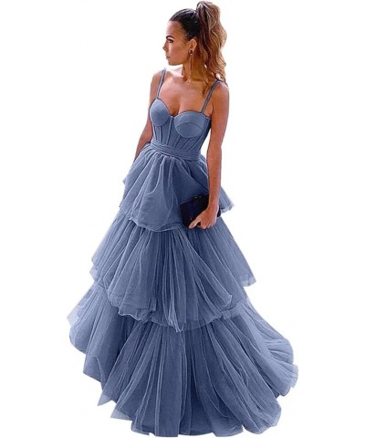 Women's Tulle Prom Dresses 2024 Ruffles Long Bow Spaghetti Straps A Line Corset Tiered Formal Evening Party Gowns Light Navy ...