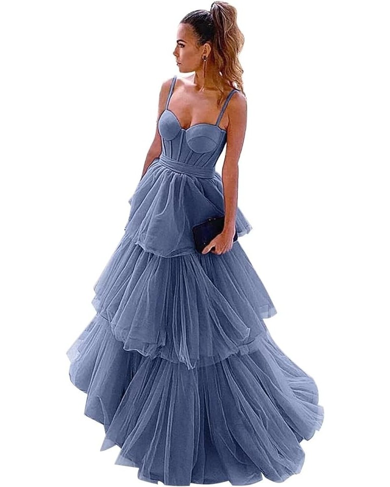 Women's Tulle Prom Dresses 2024 Ruffles Long Bow Spaghetti Straps A Line Corset Tiered Formal Evening Party Gowns Light Navy ...