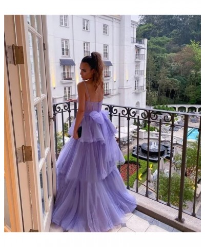 Women's Tulle Prom Dresses 2024 Ruffles Long Bow Spaghetti Straps A Line Corset Tiered Formal Evening Party Gowns Light Navy ...