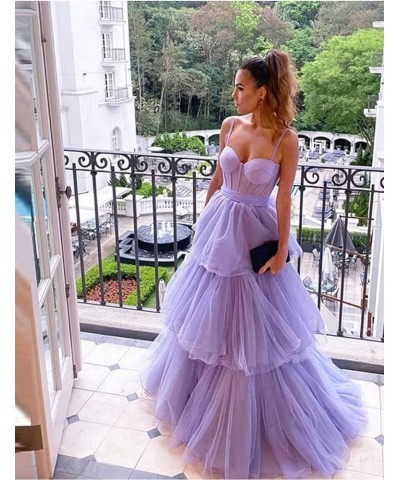 Women's Tulle Prom Dresses 2024 Ruffles Long Bow Spaghetti Straps A Line Corset Tiered Formal Evening Party Gowns Light Navy ...