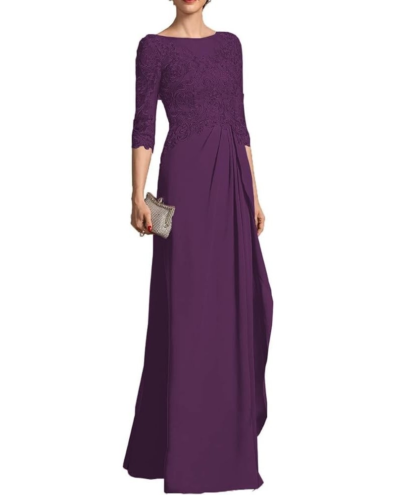 Mother of The Bride Dress 3/4 Sleeve Chiffon Laces Appliques Ruched Formal Evening Gowns Grape $34.78 Dresses