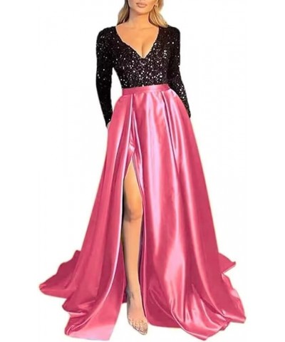 V Neck Long Sleeve Prom Dresses with Slit Sequin Satin Formal Evening Gowns with Pockets for Women Black-hot Pink $38.24 Dresses