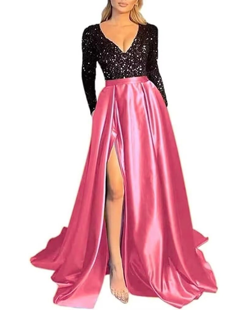 V Neck Long Sleeve Prom Dresses with Slit Sequin Satin Formal Evening Gowns with Pockets for Women Black-hot Pink $38.24 Dresses