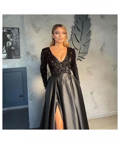 V Neck Long Sleeve Prom Dresses with Slit Sequin Satin Formal Evening Gowns with Pockets for Women Black-hot Pink $38.24 Dresses