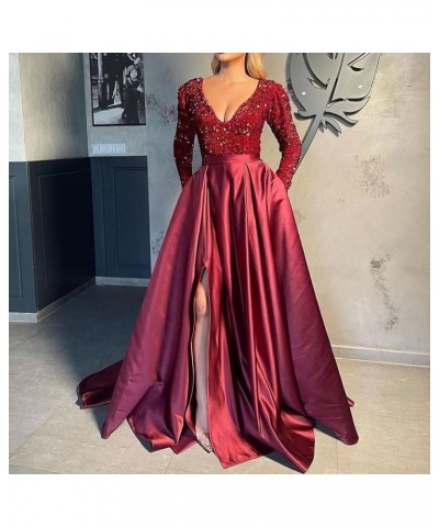 V Neck Long Sleeve Prom Dresses with Slit Sequin Satin Formal Evening Gowns with Pockets for Women Black-hot Pink $38.24 Dresses