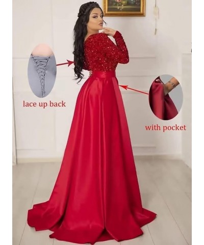 V Neck Long Sleeve Prom Dresses with Slit Sequin Satin Formal Evening Gowns with Pockets for Women Black-hot Pink $38.24 Dresses