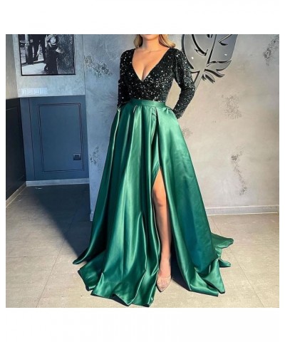 V Neck Long Sleeve Prom Dresses with Slit Sequin Satin Formal Evening Gowns with Pockets for Women Black-hot Pink $38.24 Dresses