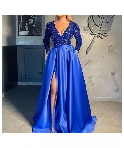 V Neck Long Sleeve Prom Dresses with Slit Sequin Satin Formal Evening Gowns with Pockets for Women Black-hot Pink $38.24 Dresses