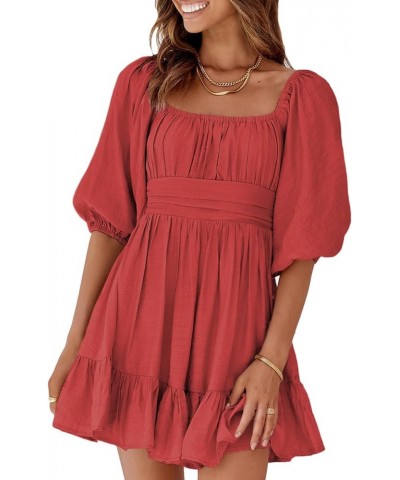 Womens Summer Dresses Square Neck Tie Back Lantern Sleeve Ruffle A-Line Casual Dress 4 Red $18.90 Dresses