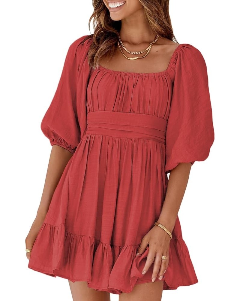 Womens Summer Dresses Square Neck Tie Back Lantern Sleeve Ruffle A-Line Casual Dress 4 Red $18.90 Dresses