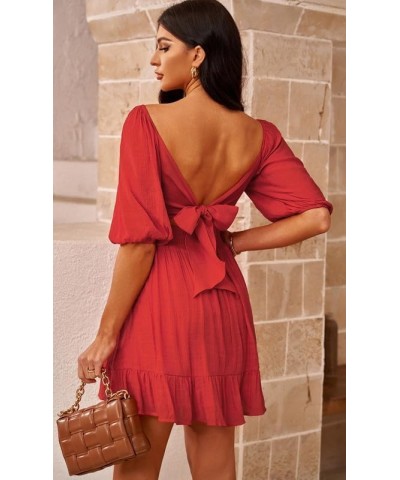 Womens Summer Dresses Square Neck Tie Back Lantern Sleeve Ruffle A-Line Casual Dress 4 Red $18.90 Dresses