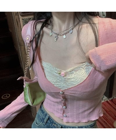 Y2K Lace Crop Tops Bow Frill Long Sleeve Pullovers Square Collar Aesthetic Sweet Tee Harajuku Slim Fit Retro Streetwear A-2 P...