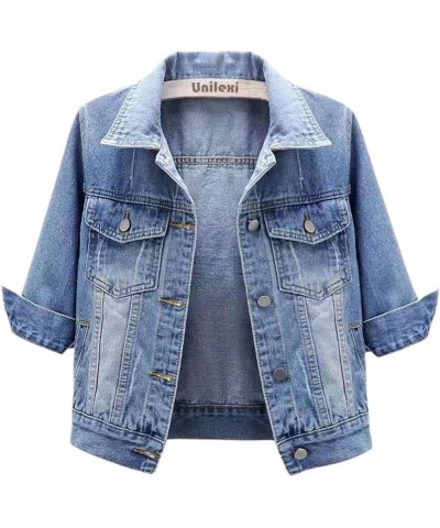 Women's 3/4 Sleeve Colored Cropped Denim Jacket Light Wash Short Jean Jacket Trucker Coat Light Blue $14.17 Jackets