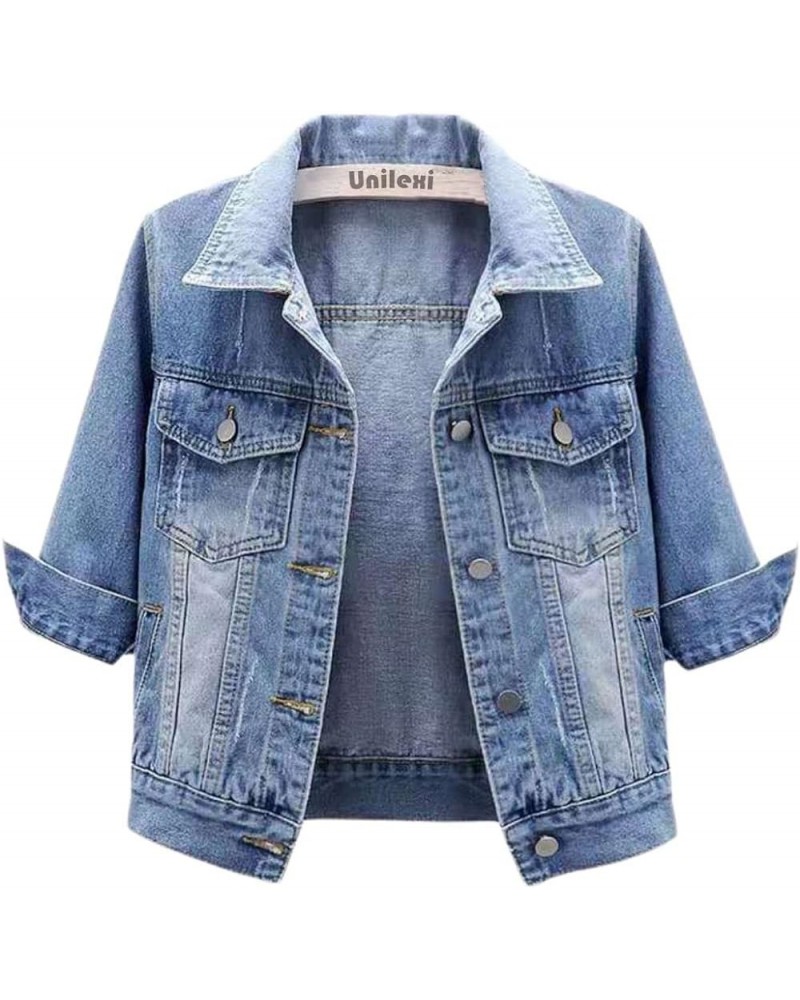 Women's 3/4 Sleeve Colored Cropped Denim Jacket Light Wash Short Jean Jacket Trucker Coat Light Blue $14.17 Jackets