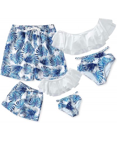 Family Matching Swimsuits Two Pieces Ruffles Bikini Set Mommy and Me Bathing Suits Women White-blue $15.11 Swimsuits