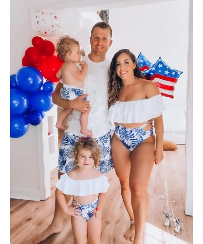 Family Matching Swimsuits Two Pieces Ruffles Bikini Set Mommy and Me Bathing Suits Women White-blue $15.11 Swimsuits