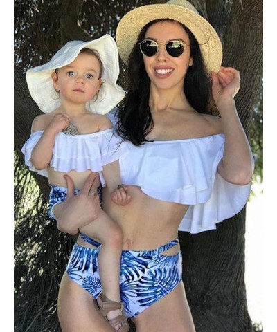 Family Matching Swimsuits Two Pieces Ruffles Bikini Set Mommy and Me Bathing Suits Women White-blue $15.11 Swimsuits