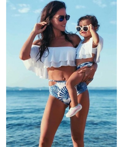 Family Matching Swimsuits Two Pieces Ruffles Bikini Set Mommy and Me Bathing Suits Women White-blue $15.11 Swimsuits