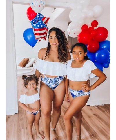 Family Matching Swimsuits Two Pieces Ruffles Bikini Set Mommy and Me Bathing Suits Women White-blue $15.11 Swimsuits