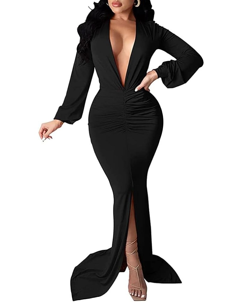 Formal Maxi Dress for Women Sexy Deep V Neck Wrap Side Split Bodycon Cocktail Party Long Floor Length Dress 5419 Black $26.09...