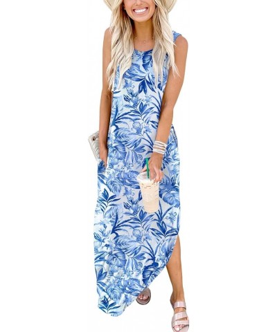 Women's Casual Loose Summer Long Dress Sleeveless Split Beach Maxi Dresses with Pockets Print Blue Flower $17.60 Dresses